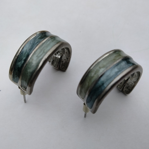 Jewelry - Vintage Green Enameled Half Hoop Earrings Pierced Silver Tone